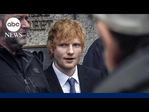 Ed Sheeran plays guitar on the stand in his copyright trial